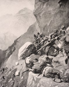 1915年，意大利军队在1916年伦敦出版的“战争画报专辑”中将巨石砸向敌人士兵，1916年 作者 英语学校